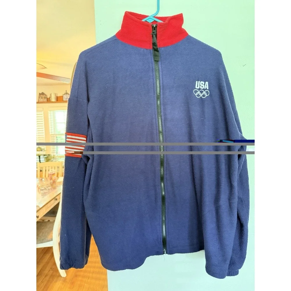 USA Olympics Fleece Jacket Mens Large XL Navy Blue Full Zip USA Made Embroidered